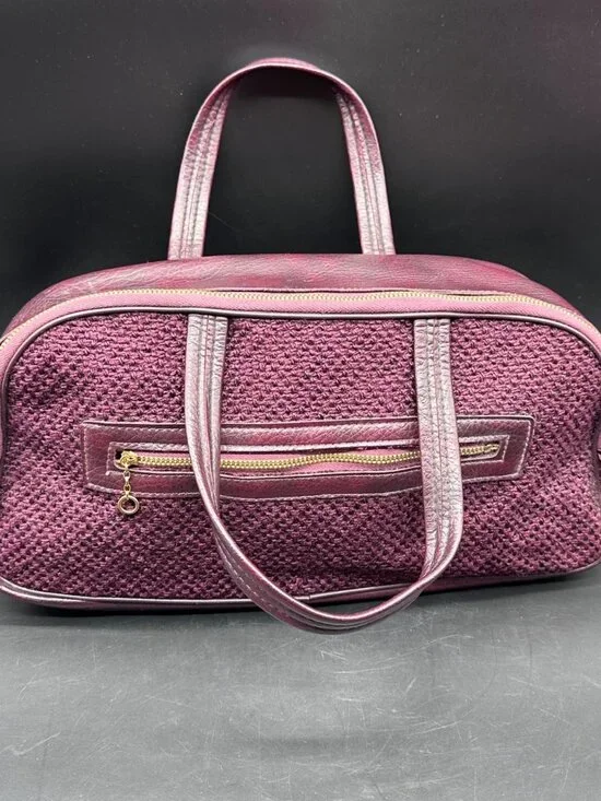 Vintage Purse Handbag 1970s Burgundy Woven Faux Leather Dual Handles Retro Fashi - Picture 2 of 12